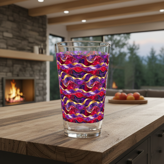 Fluid Marble pint beer glass in a purple and gold pattern on a wood surface with grapes and a fireplace and large window in the background with a lot of trees outside