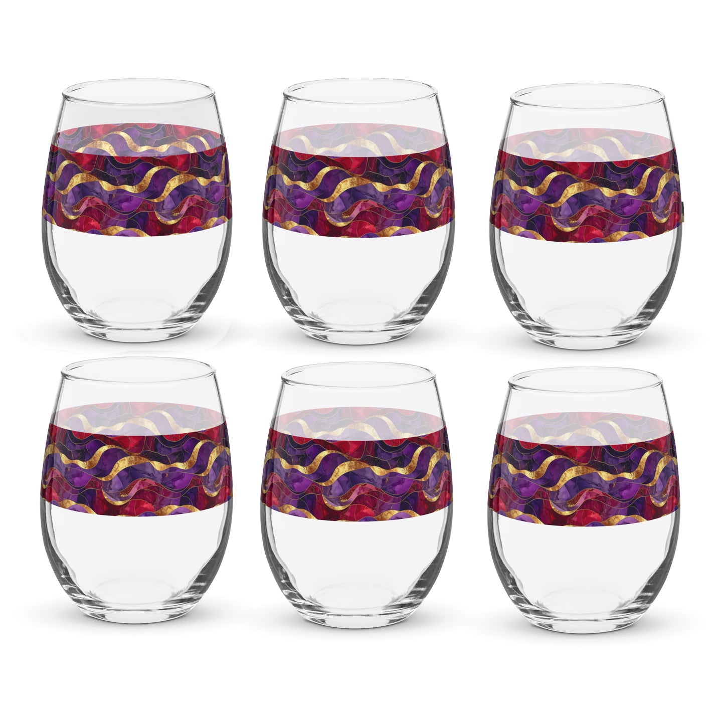 Set of six stemless wine glasses with purple and gold colorful band designs on a white background