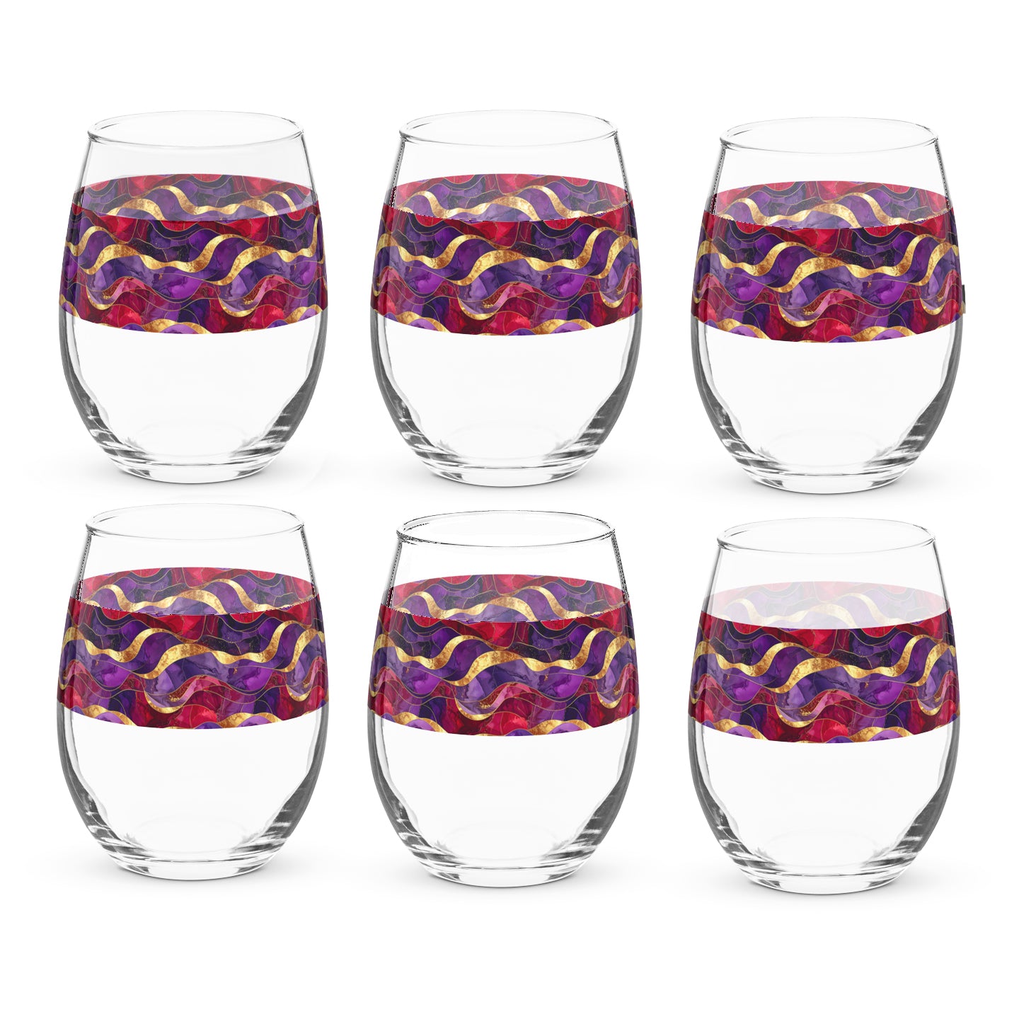 Set of six stemless wine glasses with purple and gold colorful band designs on a white background