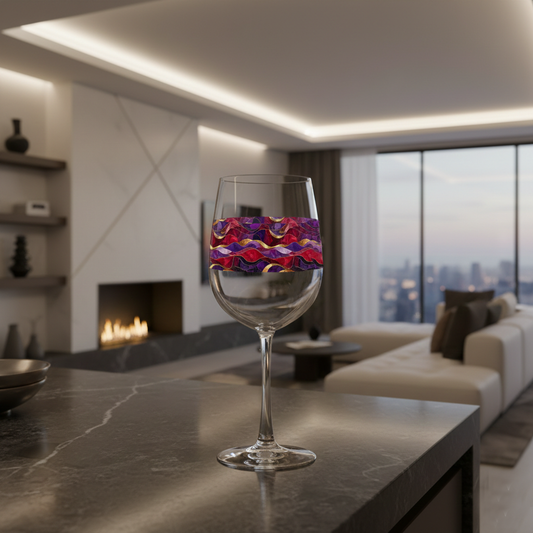 Fluid Marble tall wine glass with purple and gold designn a wood surface, and a modern fireplace, sofa and large window with city view in background