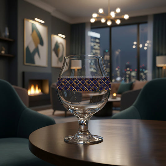 Regal Twilight Belgian beer glass with sapphire and gold wrap design on a table in a cozy room with a fireplace and cityscape view.