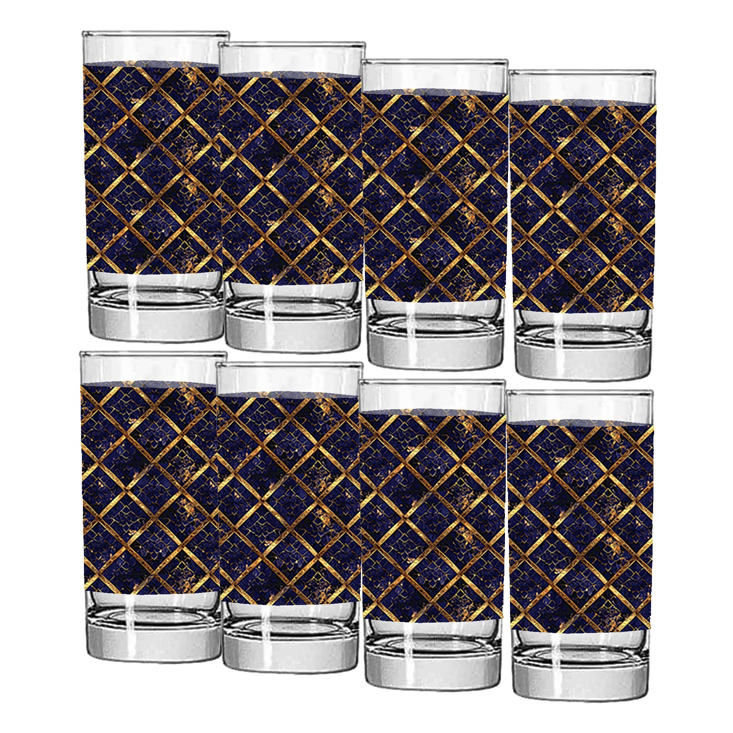 Set of eight highball glasses with sapphire and gold wrap design on a white background