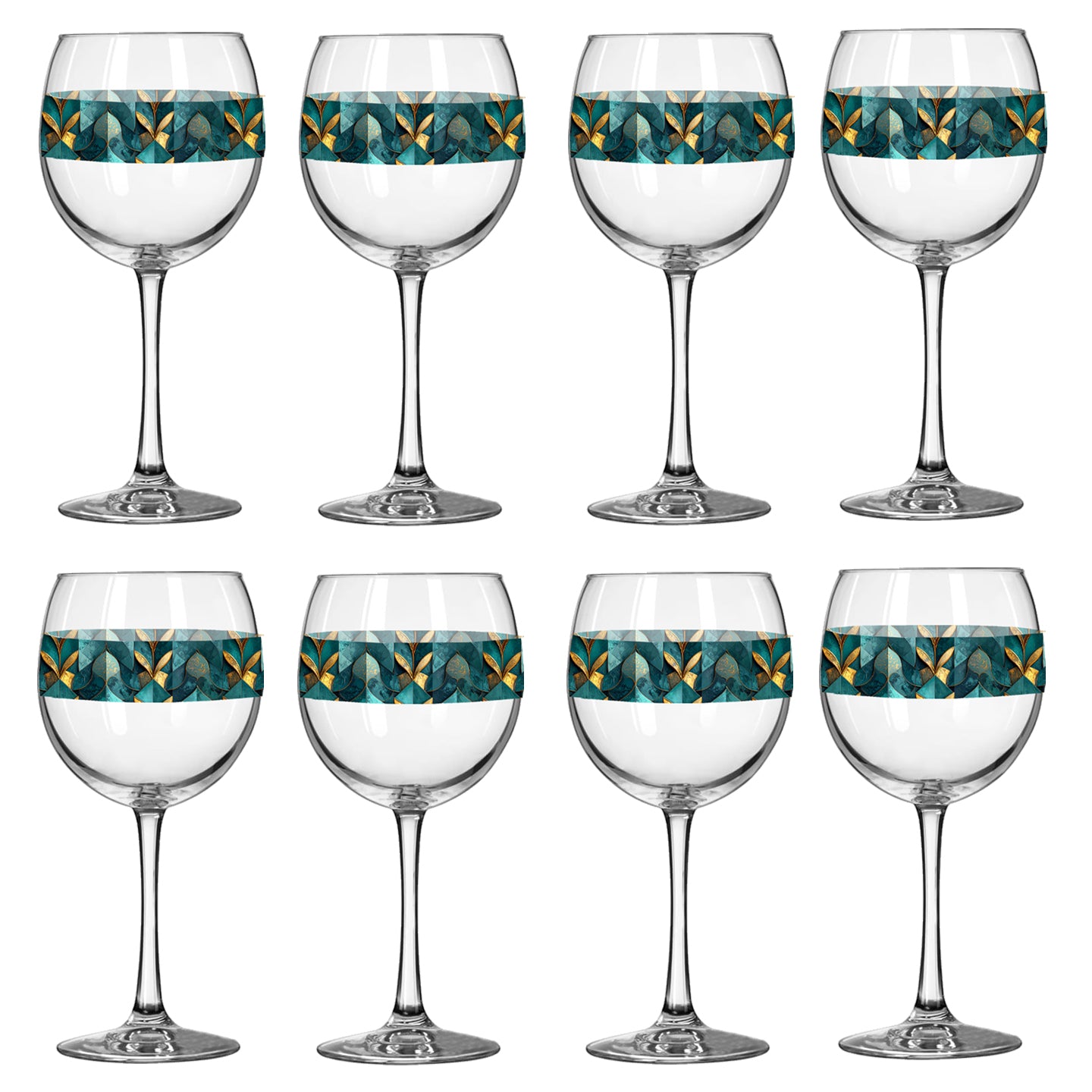 Set of eight wine glasses with decorative bands on a white background