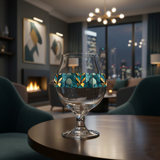 Gilded Patina Belgian beer glass with a teal and gold pattern on a marble surface with blurred bar background