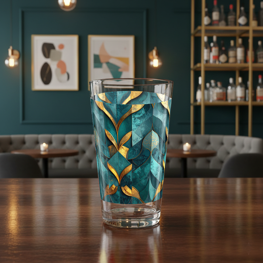 Gilded Patina glass with teal and gold architectural pattern on a dark marble surface with blurred bar background.