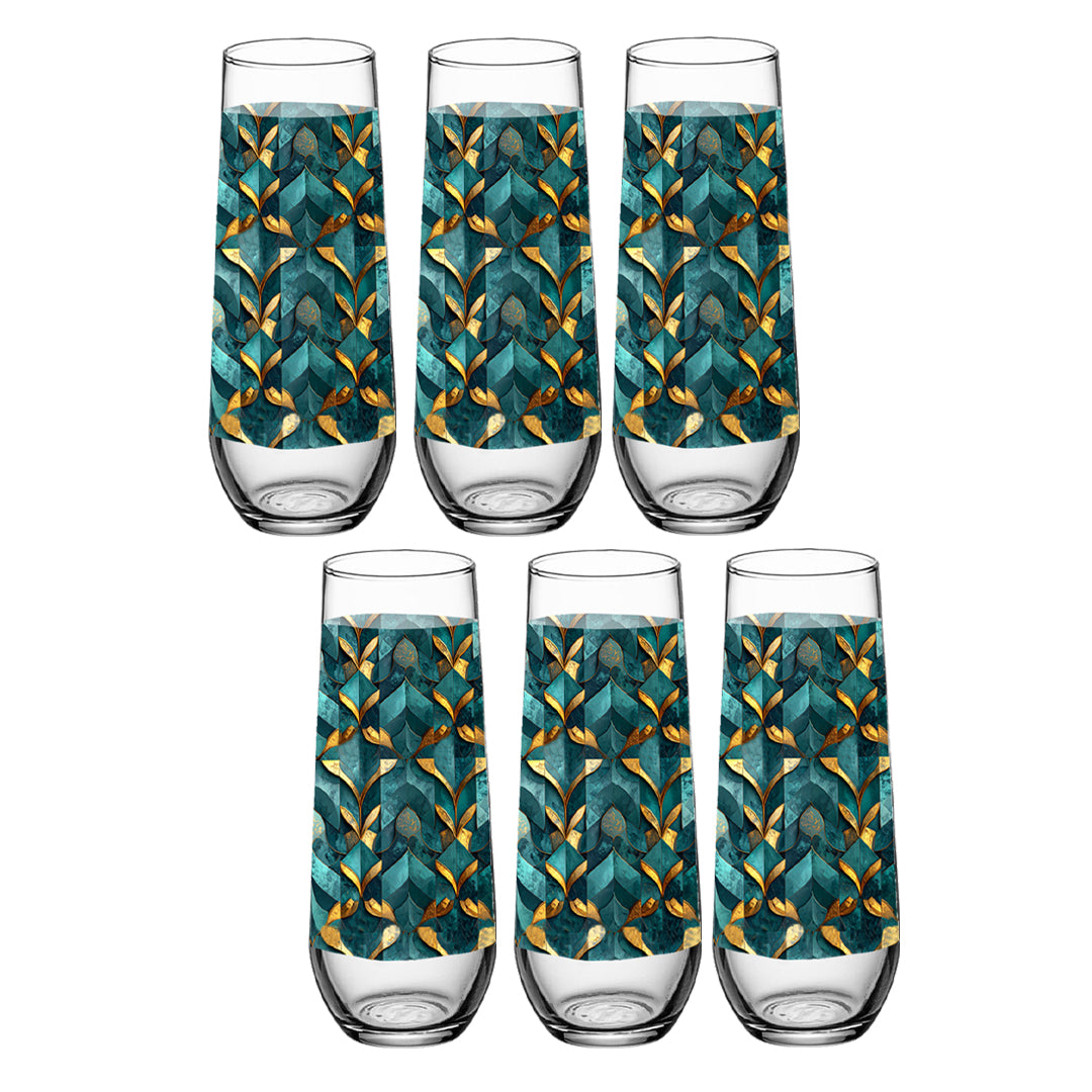 Set of six stemless champgane flute glasses with a teal and gold geometric design on a white background