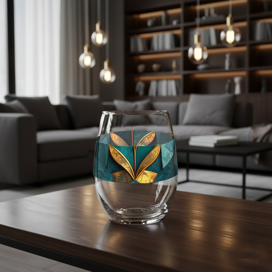 Gilded Patina stemless glass with teal and gold design on a dark coffee table with a modern gray sectional and bookcases in the background