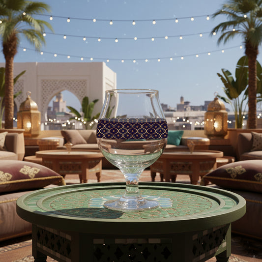 Midnight Marrakech Belgian beer glass with a violet and gold wrap design sitting on an outdoor Moroccan style table and an outdoor resort setting with seating and palm trees