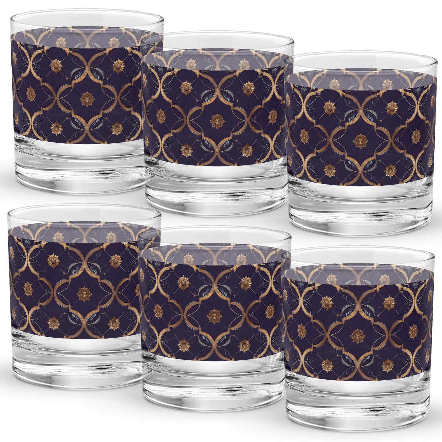 Set of six rock glasses with violet and gold wrap design on a white background