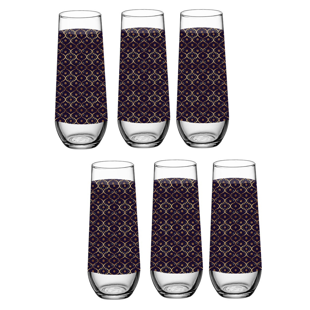 Set of six stemless champagne glasses with violet and gold wrap design on a white background