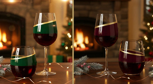 Emerald Swag and Crimson Cellar excluive limited edition sets of tall wine glass and stemless wine glass set in a holiday backdrop