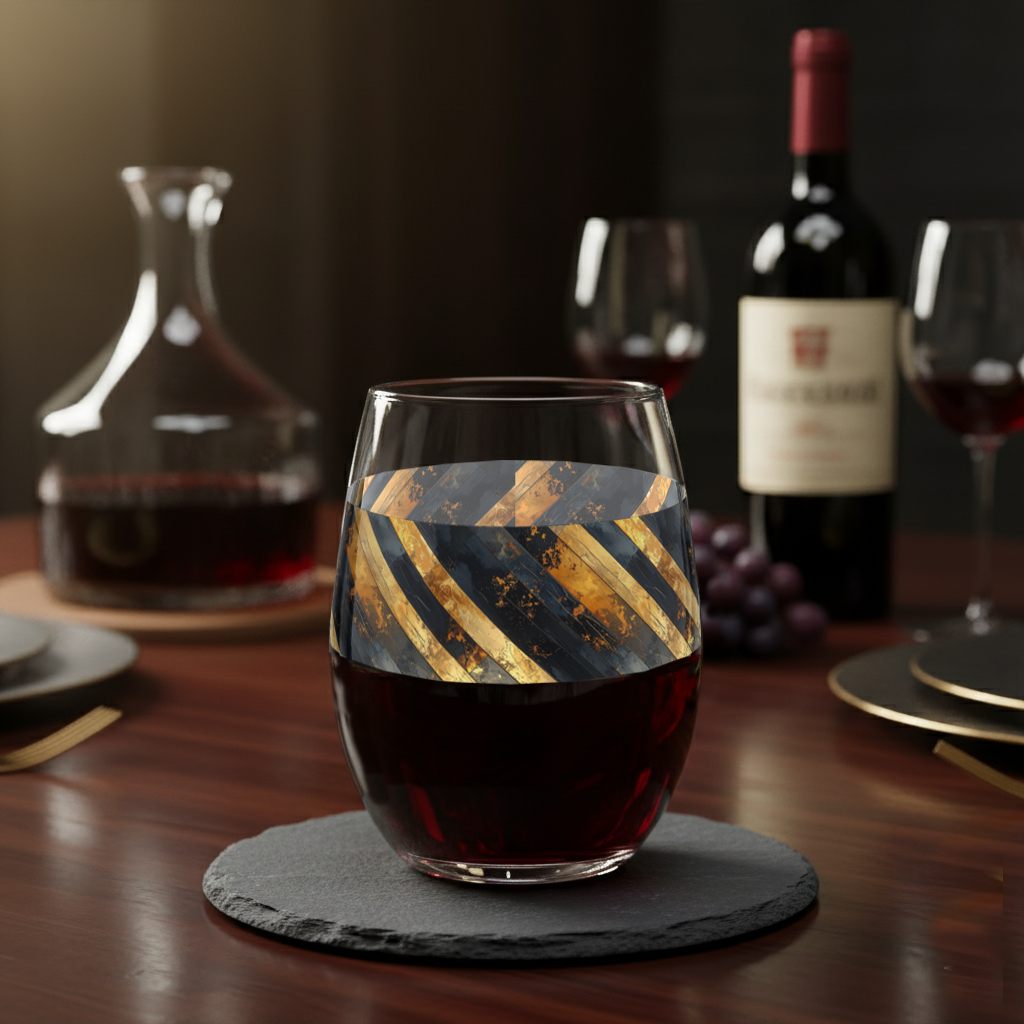 Obsidian Stripes stemless wine glass in gray and bronze stripes, filled with red wine and sitting on a table with decanter and bottle