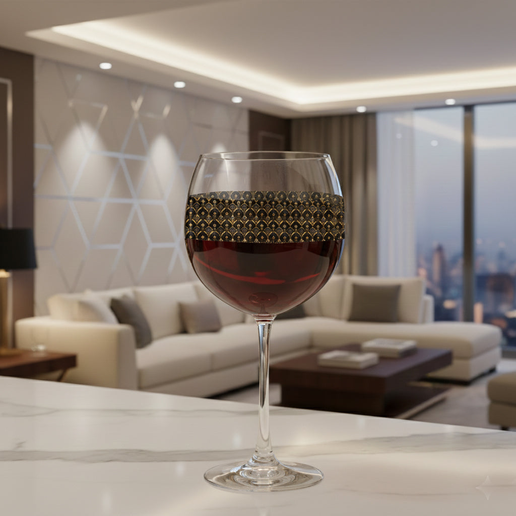 Astral Glow balloon wine glass with  a black and bronze design, filled with red wine sitting on a table in a modern living room