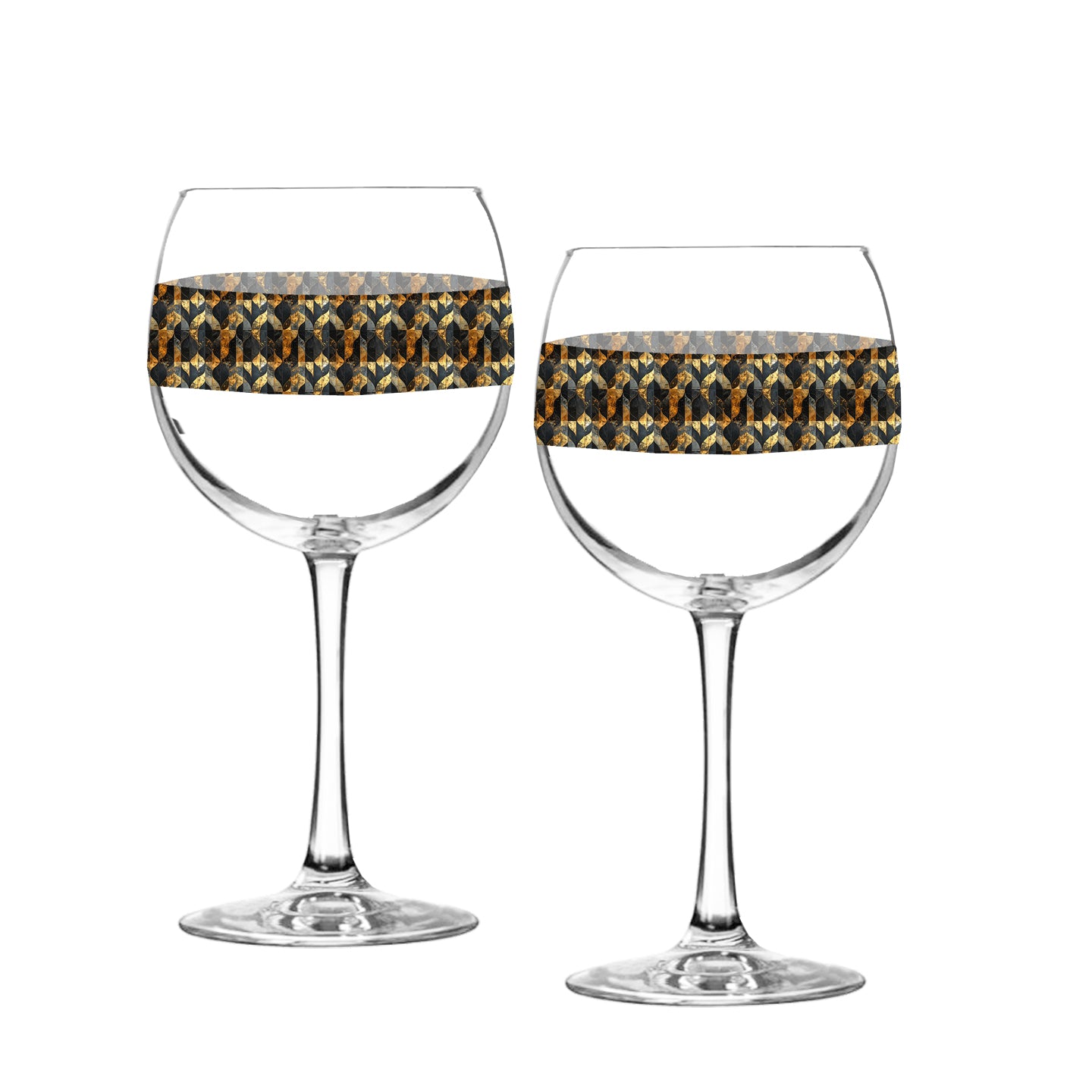 Two balloon wine glasses with charcoal and bronze geometric design on a white background