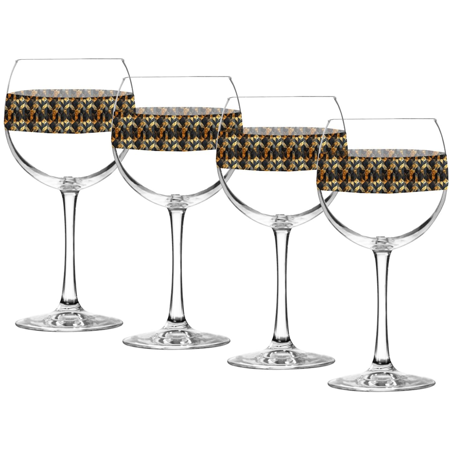 Set of four balloon wine glasses with dcharcoal and bronze geometric design  on a white background