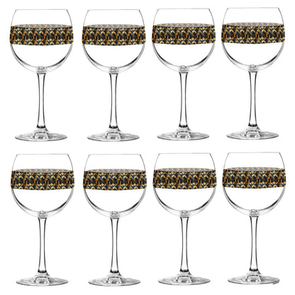 Set of eight balloon wine glasses with charcoal and bronze geometric design  on a white background