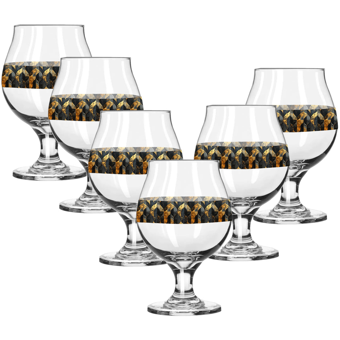 Set of six Belgian beer glasses with charcoal and bronze geometric design on a white background