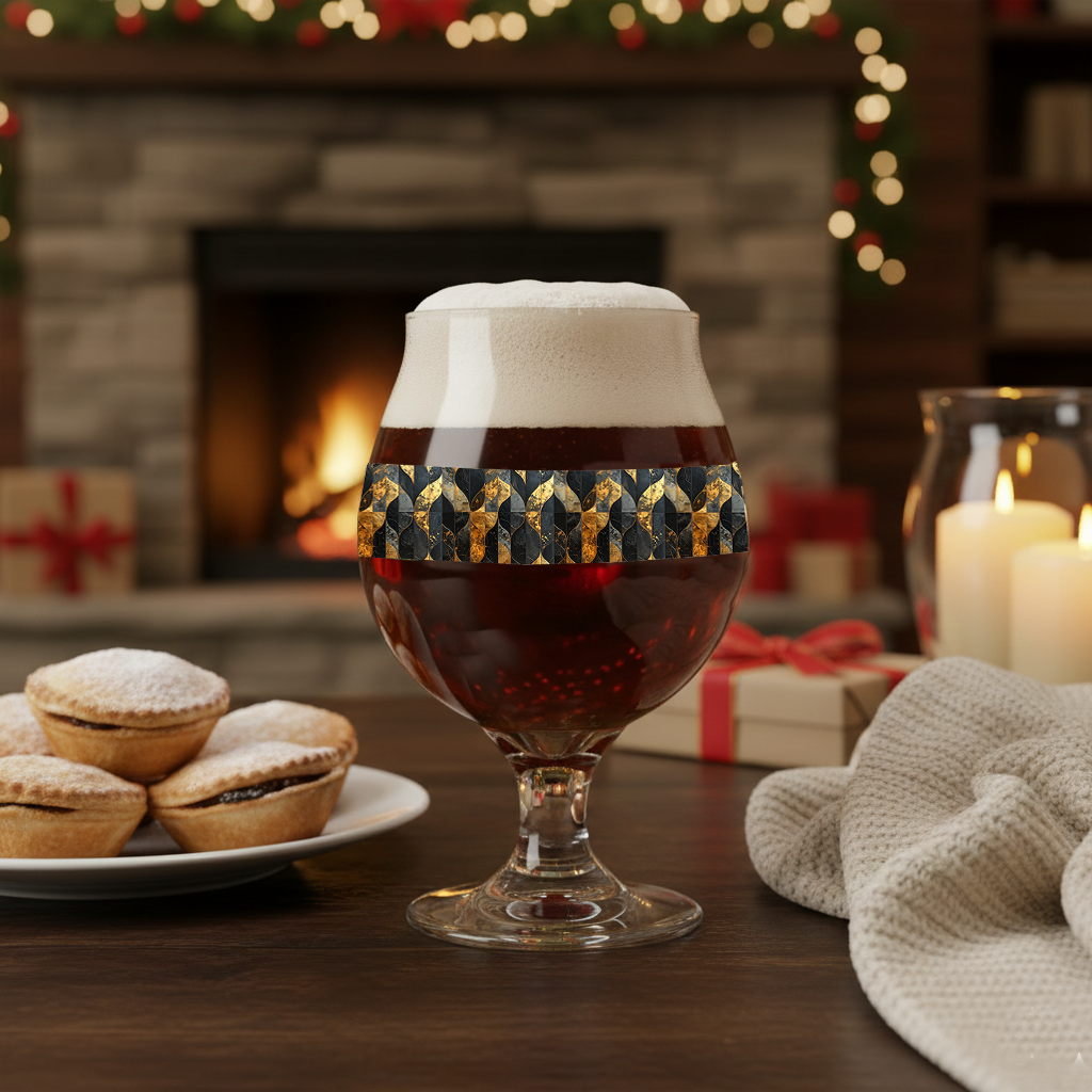 Aged Elegance Belgian glass of dark beer with foam, a black and bronze geometric design with plate of mince pies, and candles on a festive background.