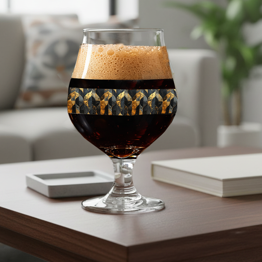 Aged Elegance Belgian glass of dark beer with foam, a black and bronze geometric design on a wood coffee table with a book and a sofa in background