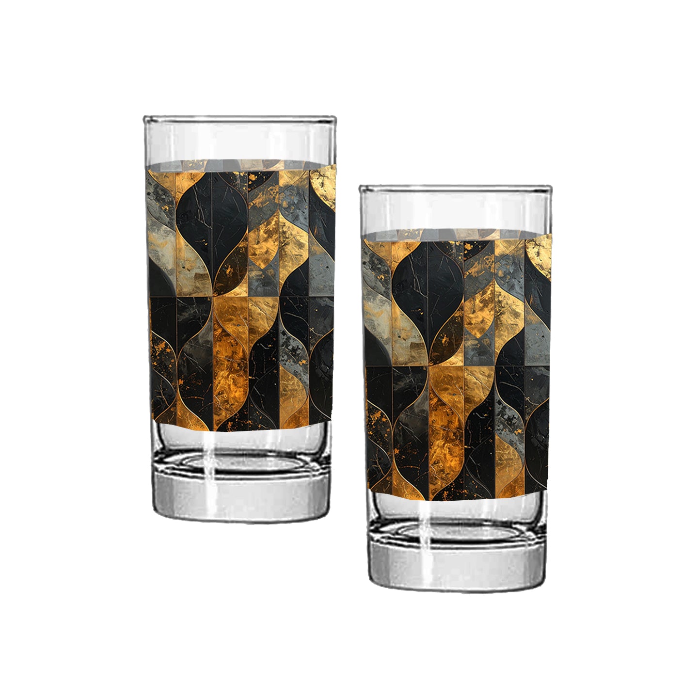 Two highball glasses with charcoal and bronze geometric design on a white background
