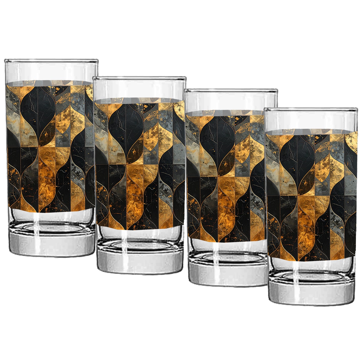 Set of four highball glasses with charcoal and bronze geometric design on a white background