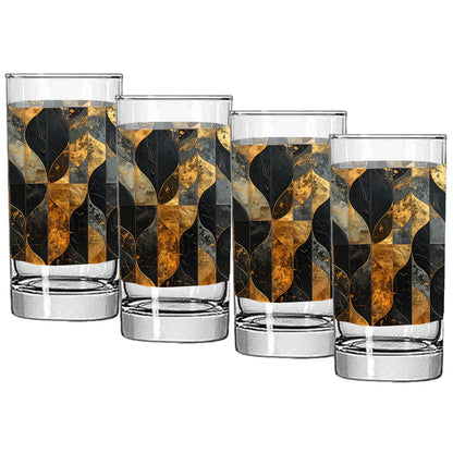 Set of four highball glasses with charcoal and bronze geometric design on a white background