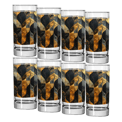 Set of eight highball glasses with a charcoal and bronze geometric design  on a white background