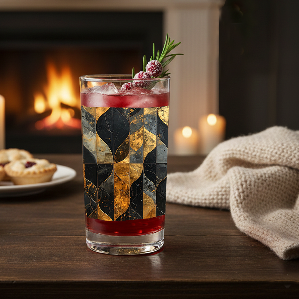 Aged Elegance highball glass of cocktail with charcoal and bronze decorative design on a table in front of a fireplace with candles and a throw.