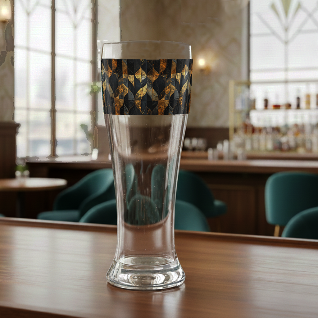 Aged Elegance pilsner beer glass with charcoal and bronze design on a bar counter and historic lounge setting in the background