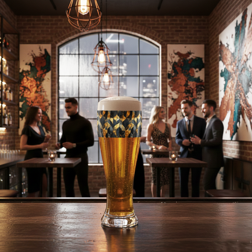 Aged Elegance pilsner glass with charcoal and bronze design filled with beer on a bar counter with a lively bar scene in the background