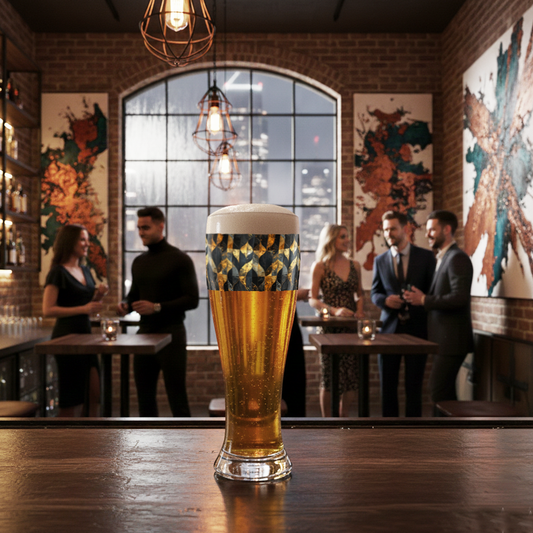 Aged Elegance pilsner glass with charcoal and bronze design filled with beer on a bar counter with a lively bar scene in the background
