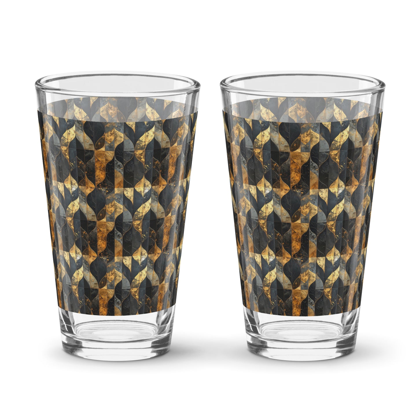 Two pint beer glasses with charcoal and bronze geometric design on a white background