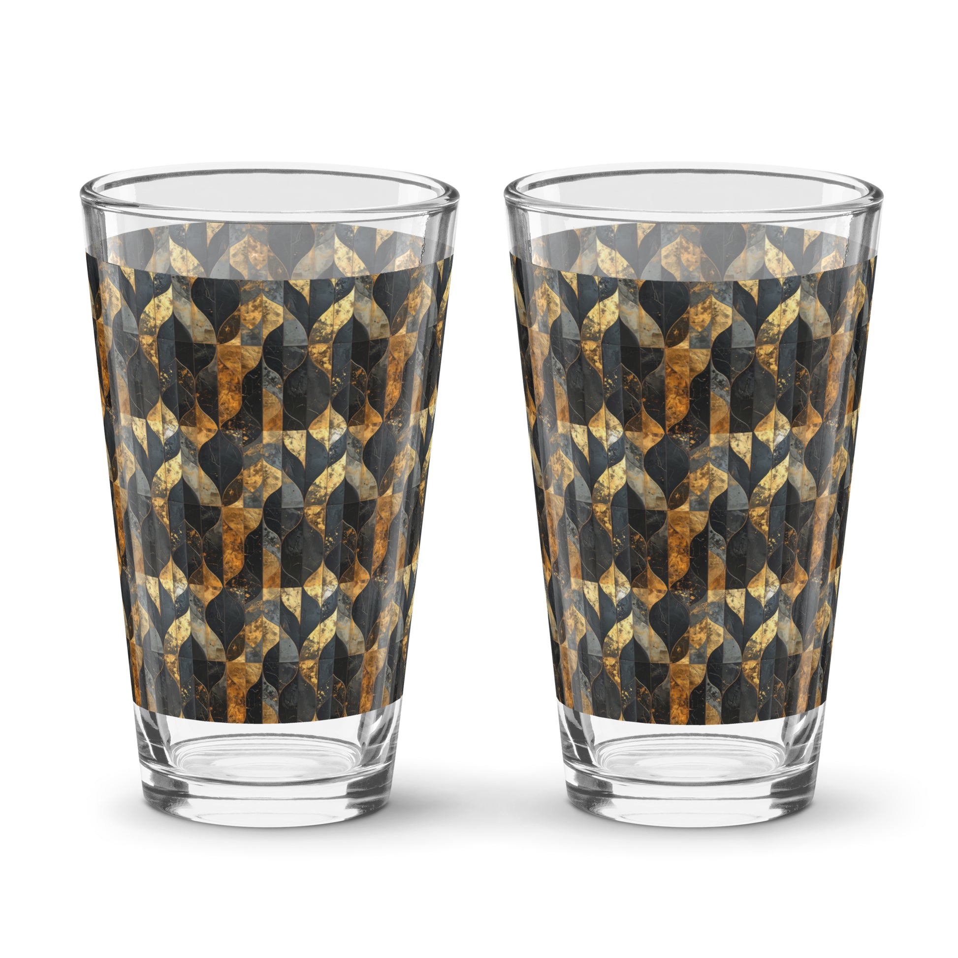 Two pint beer glasses with charcoal and bronze geometric design on a white background