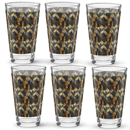 Set of six pint beer glasses with charcoal and bronze geometric design  on a white background