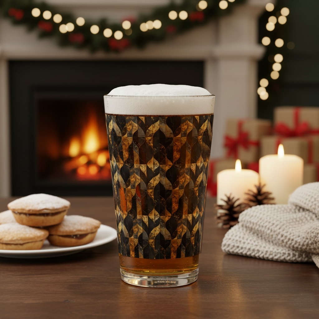Aged Elegance pint glass with black and bronze design filled with beer and foam, cookies, candles, and a fireplace in the background