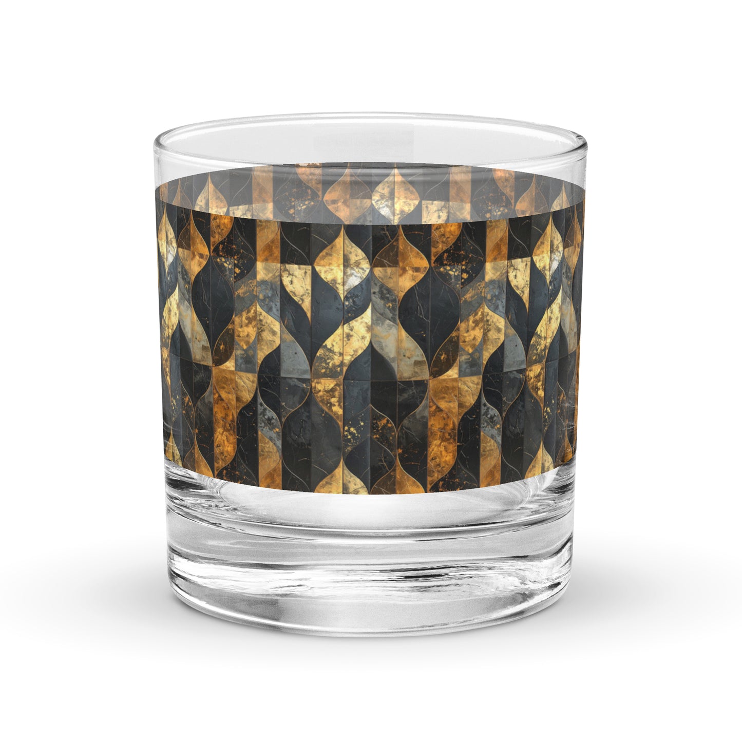 Rocks glass with charcoal and bronze geometric design on a white background