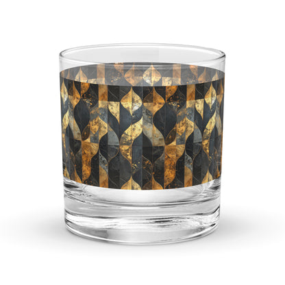 Rocks glass with charcoal and bronze geometric design on a white background