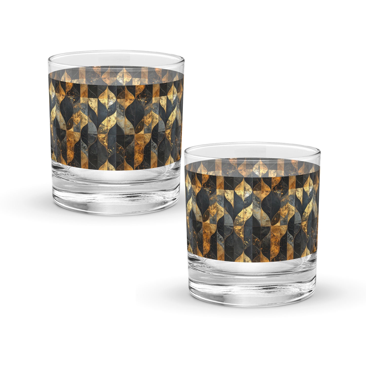 Two rock glasses with charcoal and bronze geometric design on a white background