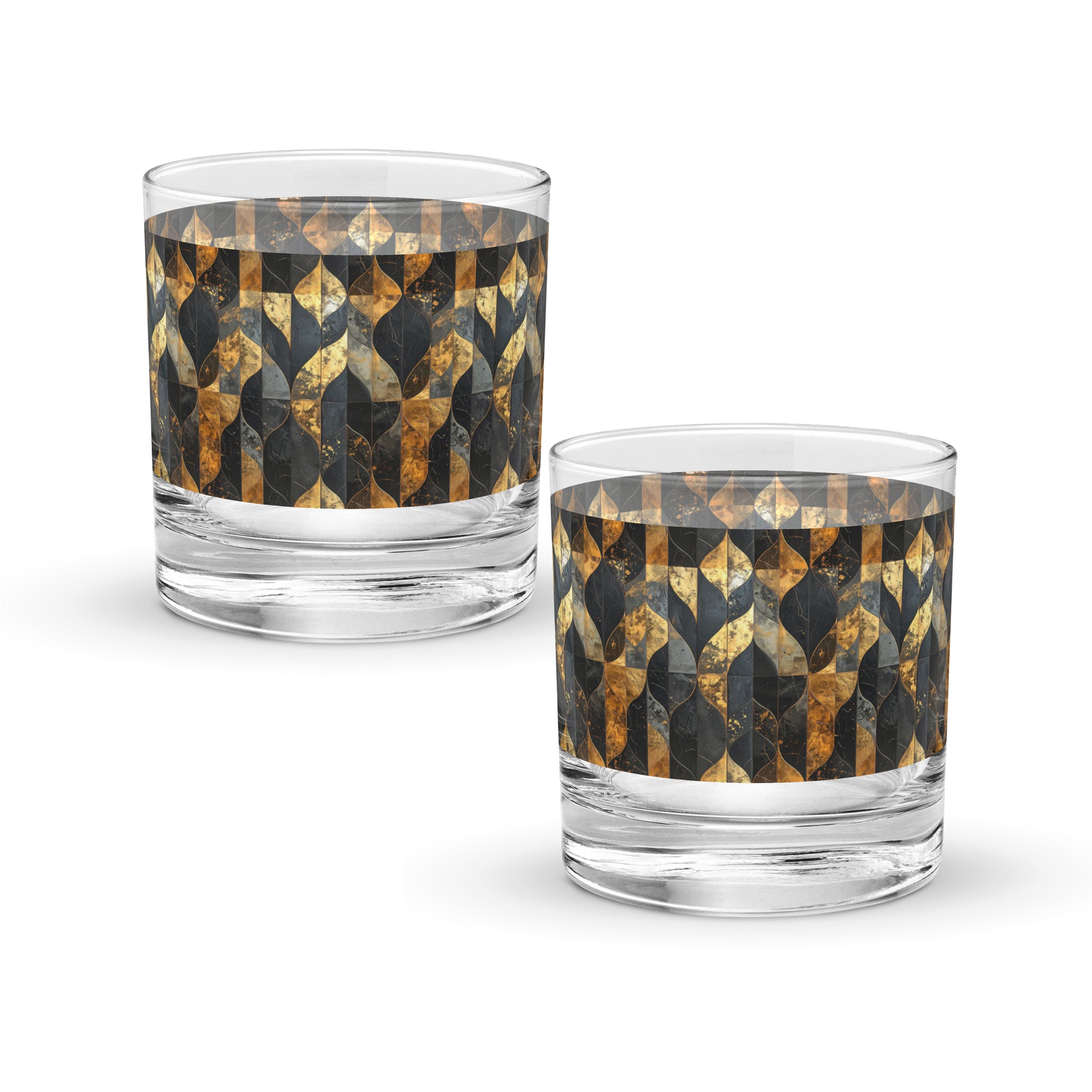 Two rock glasses with charcoal and bronze geometric design on a white background