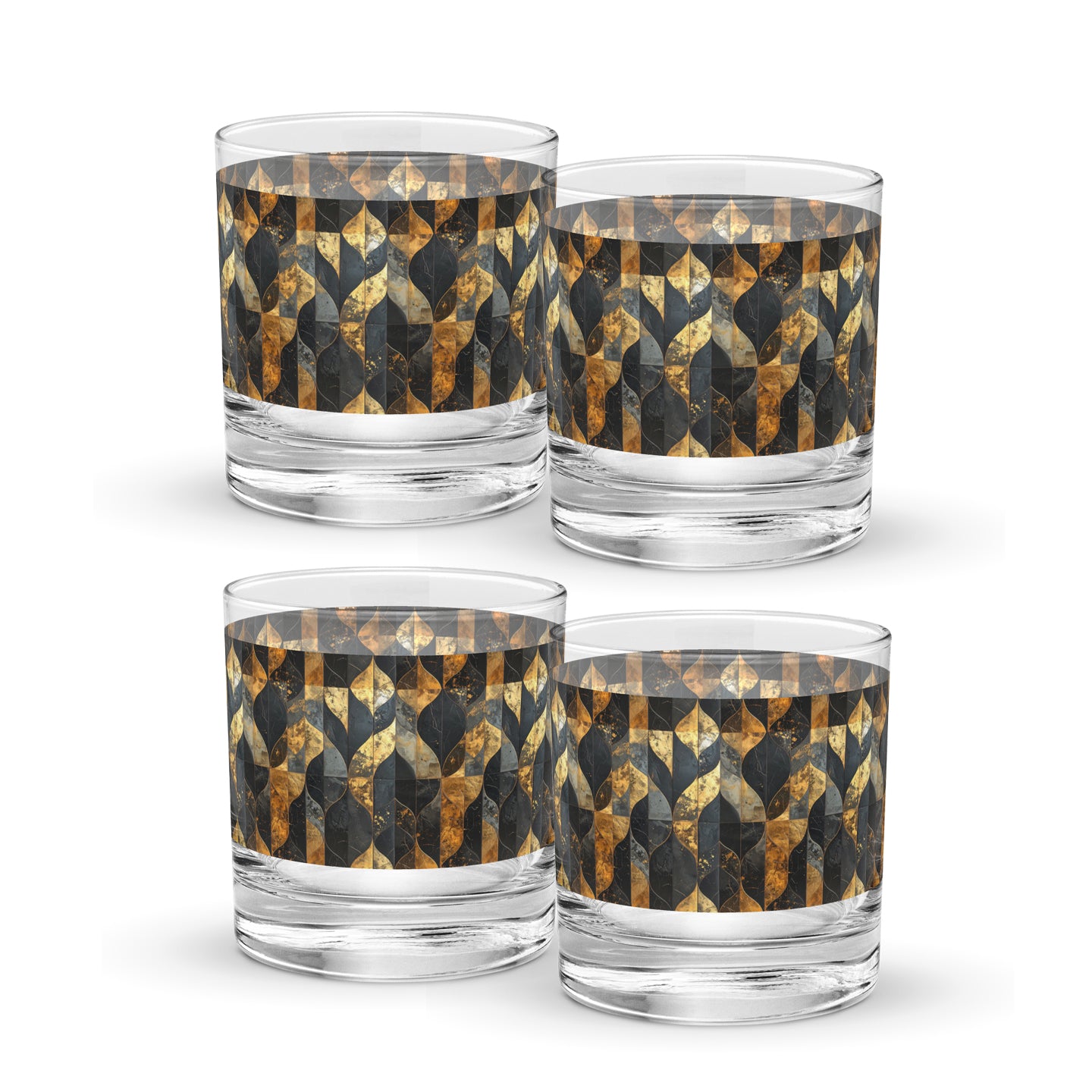 Four rock glasses with charcoal and bronze geometric design on a white background