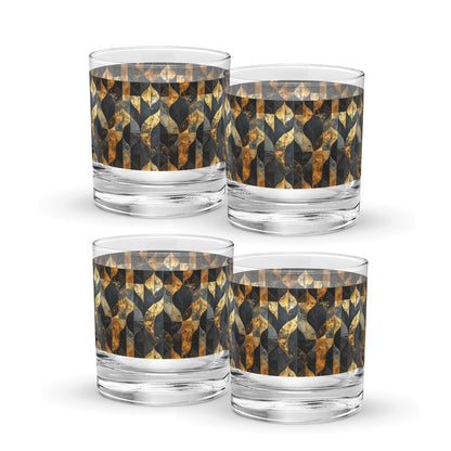 Four rock glasses with charcoal and bronze geometric design on a white background