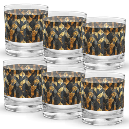 Set of six rock glasses with charcoal and bronze geometric design on a white background