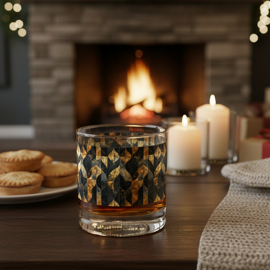 Aged Elegance rocks glass of whiskey with a geometric charcoal and bronze pattern on a table in front of a fireplace with candles and cookies.