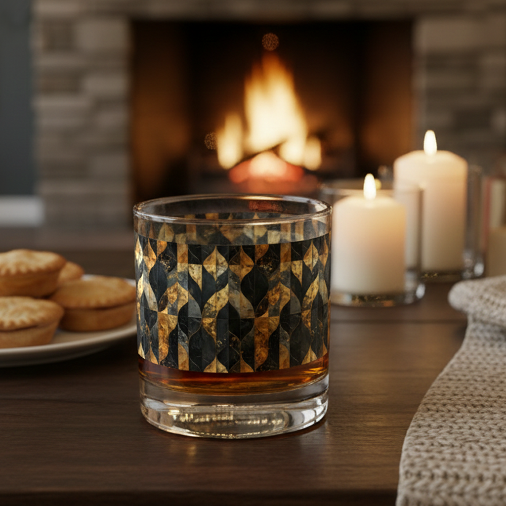 Aged Elegance rocks glass of whiskey with a geometric charcoal and bronze pattern on a table in front of a fireplace with candles and cookies.