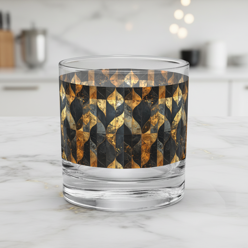 Aged Elegance rocks glass with a geometric charcoal and bronze pattern on a marble surface