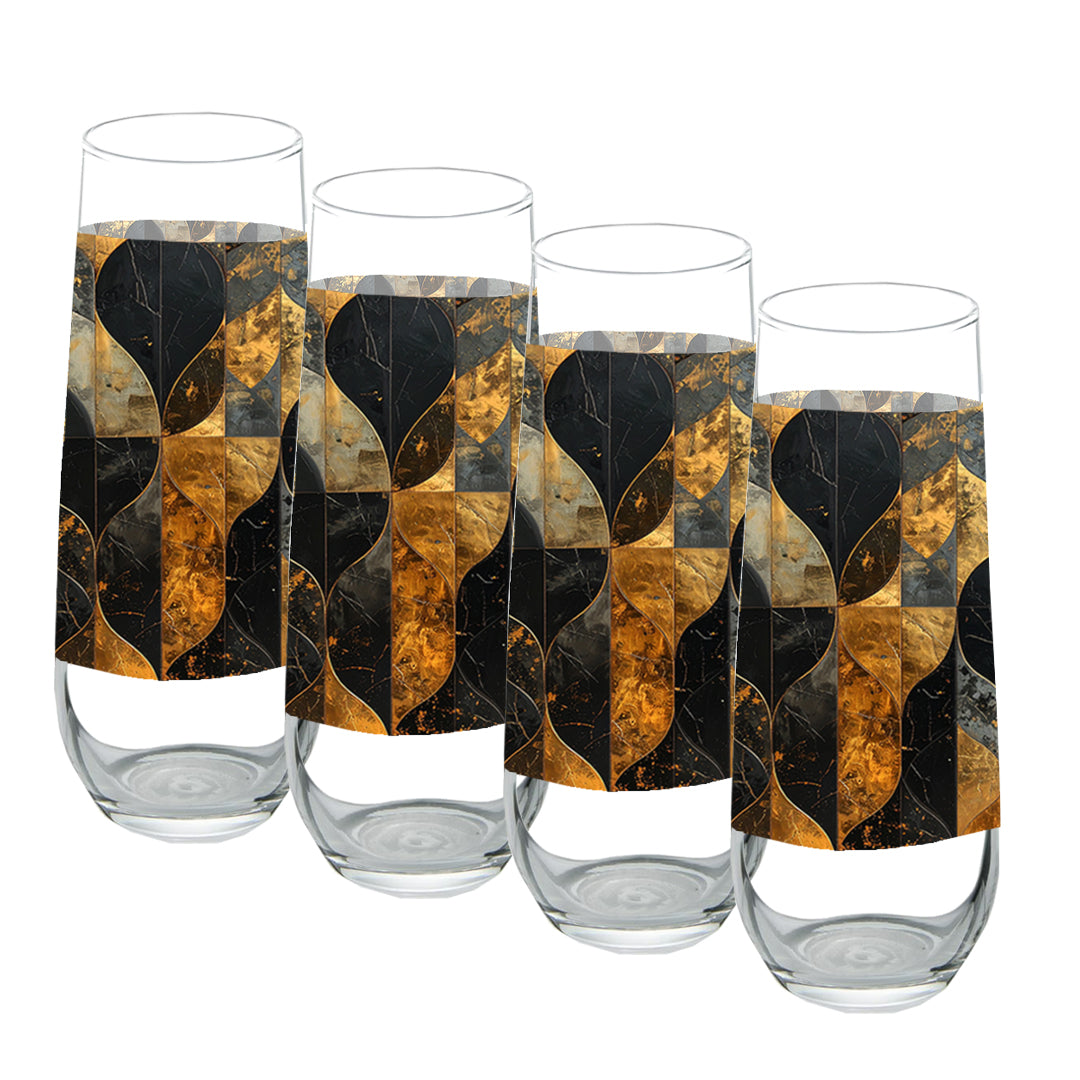 Set of four stemless champagne glasses with charcoal and bronze geometric design on a white background