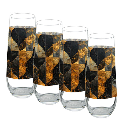 Set of four stemless champagne glasses with charcoal and bronze geometric design on a white background