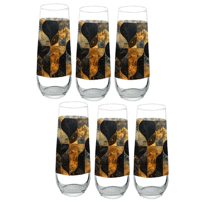 Set of six stemless champagne glasses with charcoal and bronze geometric design on a white background
