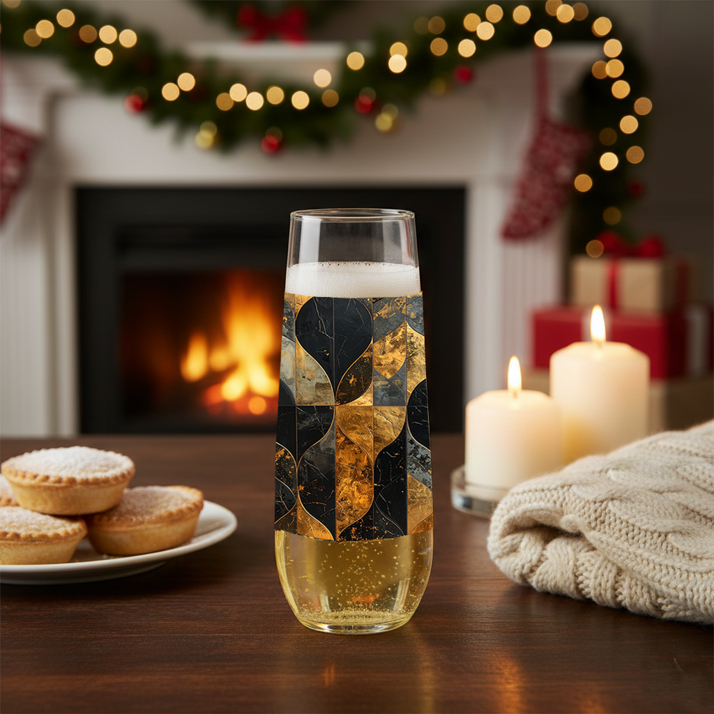 Aged Elegance stemless glass of champagne with charcoal and bronze decorative pattern on a table in front of a fireplace with candles and mince pies.
