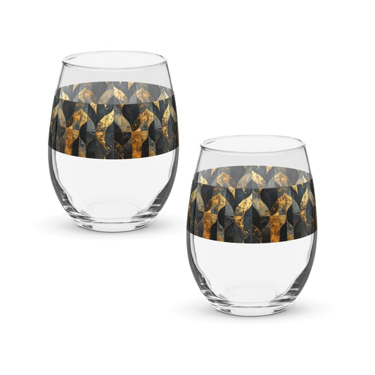 Two clear stemless wine glasses with charcoal and bronze geometric design on a white background